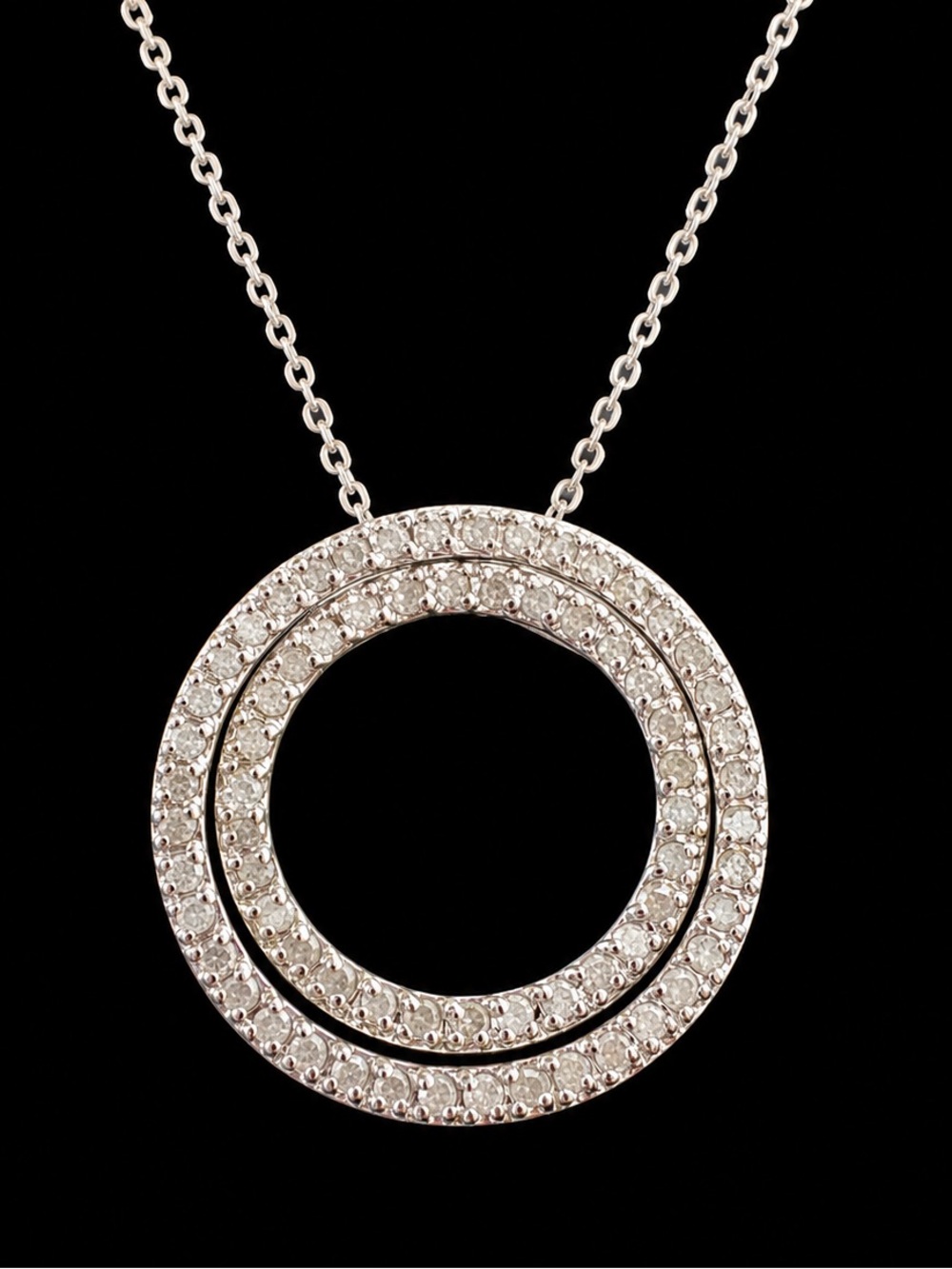 Sterling Silver 925 Diamond Double Circle Pendant Necklace 18” Convertible